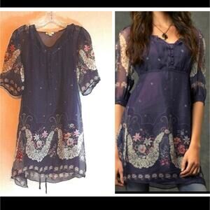 Anthropologie Trinity Purple 100% Silk Empire Waist 90s Sheer Floral Mini-Dress